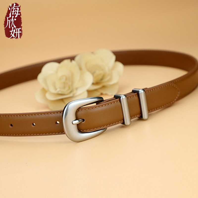 腰带女真皮牛皮棕色小众设计感装饰皮带针扣休闲百搭配裙牛仔裤带