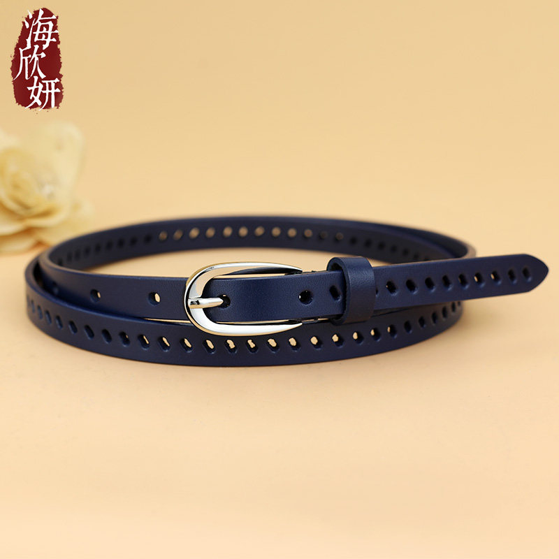 小腰带女真皮头层牛皮蓝色镂空细窄腰带时尚百搭装饰配裙子西裤带