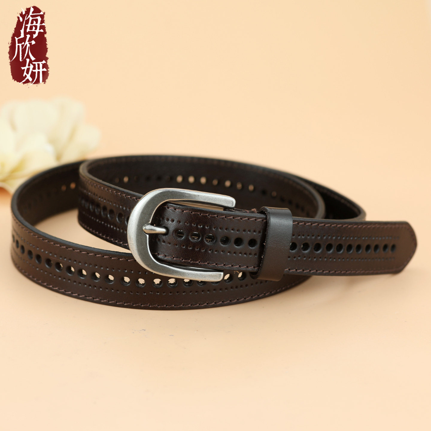 皮带女真皮头层牛皮深咖复古镂空腰带宽百搭装饰配裙阔腿牛仔裤带