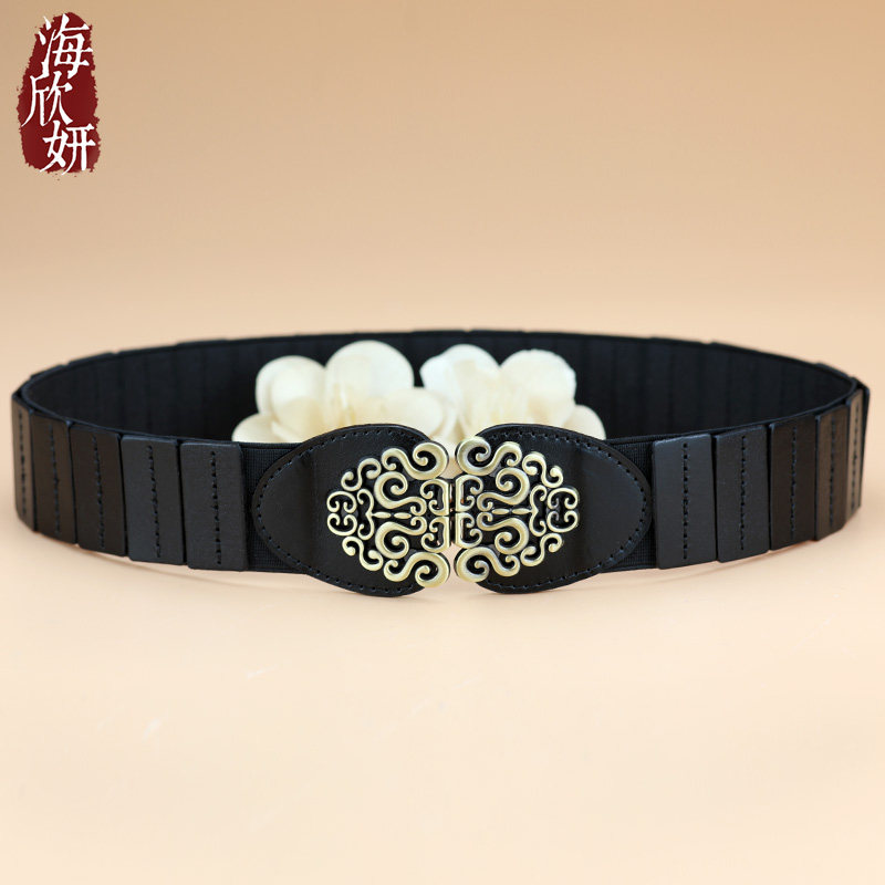 腰封女真皮头层牛皮黑色新中式宽腰带松紧神器装饰配裙子大衣皮带