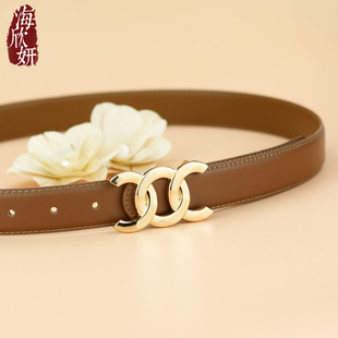 带 饰配裙子牛仔裤 皮带女品牌真皮牛皮咖色复古时尚 宽边腰带百搭装