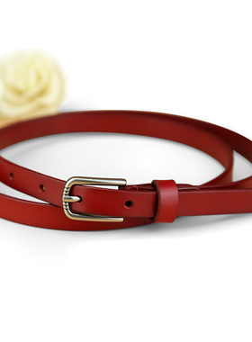 皮带女真皮头层牛皮本命年红色女士腰带细款简约休闲百搭青年裤带