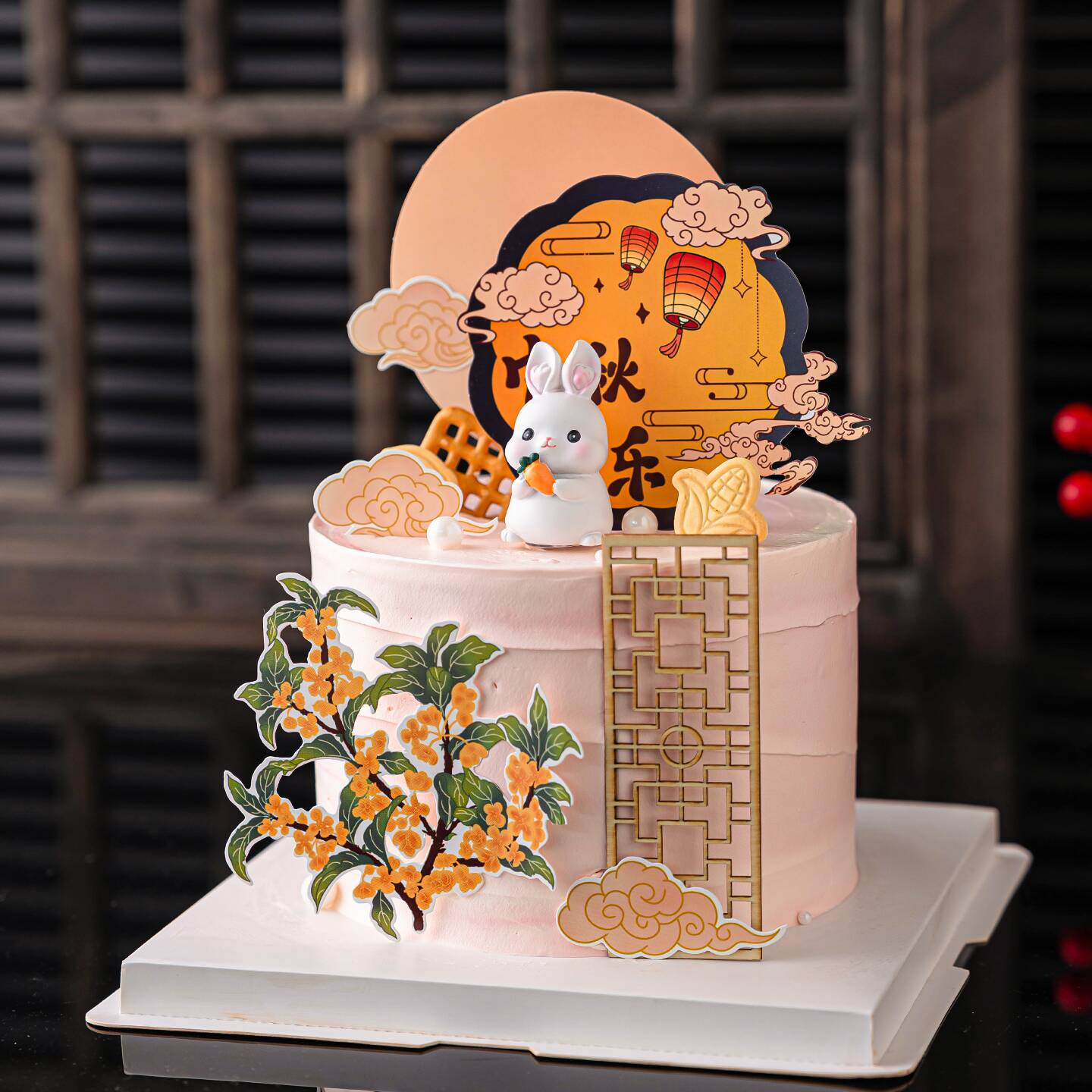 传统中秋节桂花树蛋糕装饰插件圆月祥云插牌小兔子烘焙甜品摆件