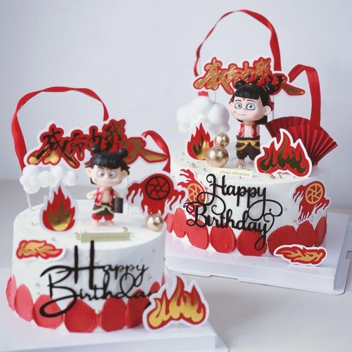 网红哪吒蛋糕装饰摆件风火轮