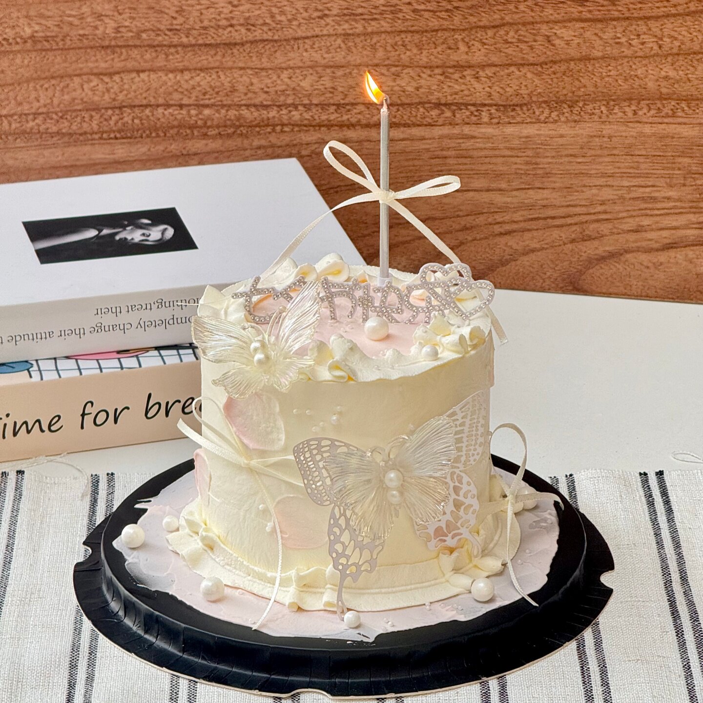 网红七夕情人节快乐水钻蛋糕装饰插件情侣浪漫双层珍珠蝴蝶配件