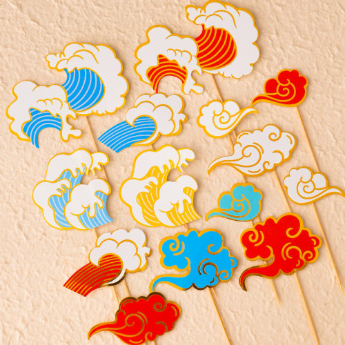 网红中式祥云浪花蛋糕装饰插牌国潮风云朵海浪祝寿周岁甜品台插件