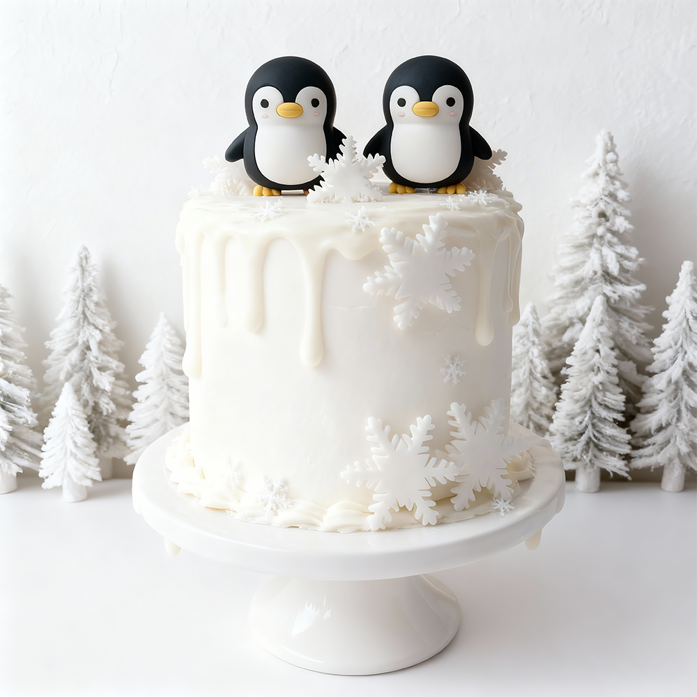 新款儿童生日蛋糕装饰南极软胶企鹅立体雪花宝宝周岁满月甜品插件