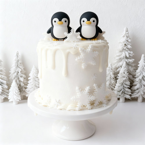 新款儿童生日蛋糕装饰南极软胶企鹅立体雪花宝宝周岁满月甜品插件