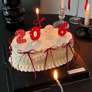 网红新年春节蛋糕装饰2026多巴胺数字蝴蝶结丝带除夕跨年烘焙摆件