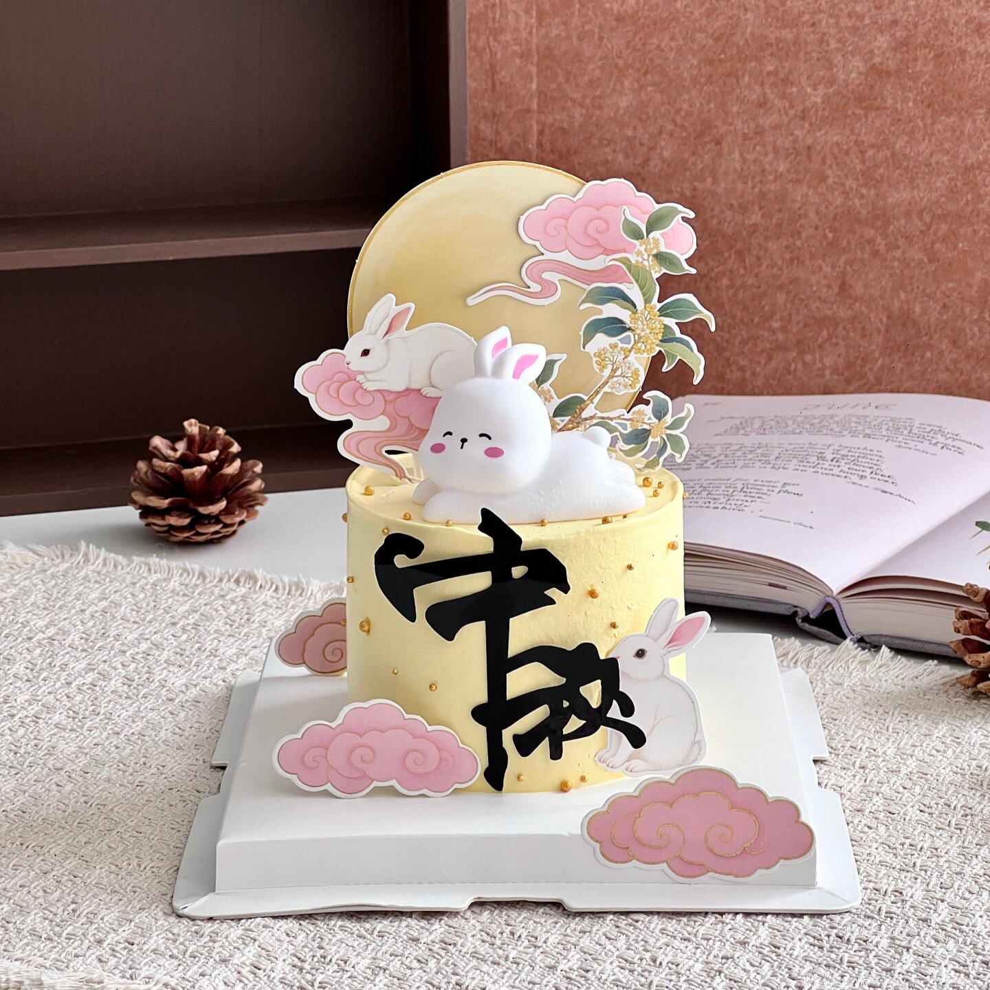 网红中秋节亚克力蛋糕装饰插件月圆祥云玉兔插牌发光小兔子摆件
