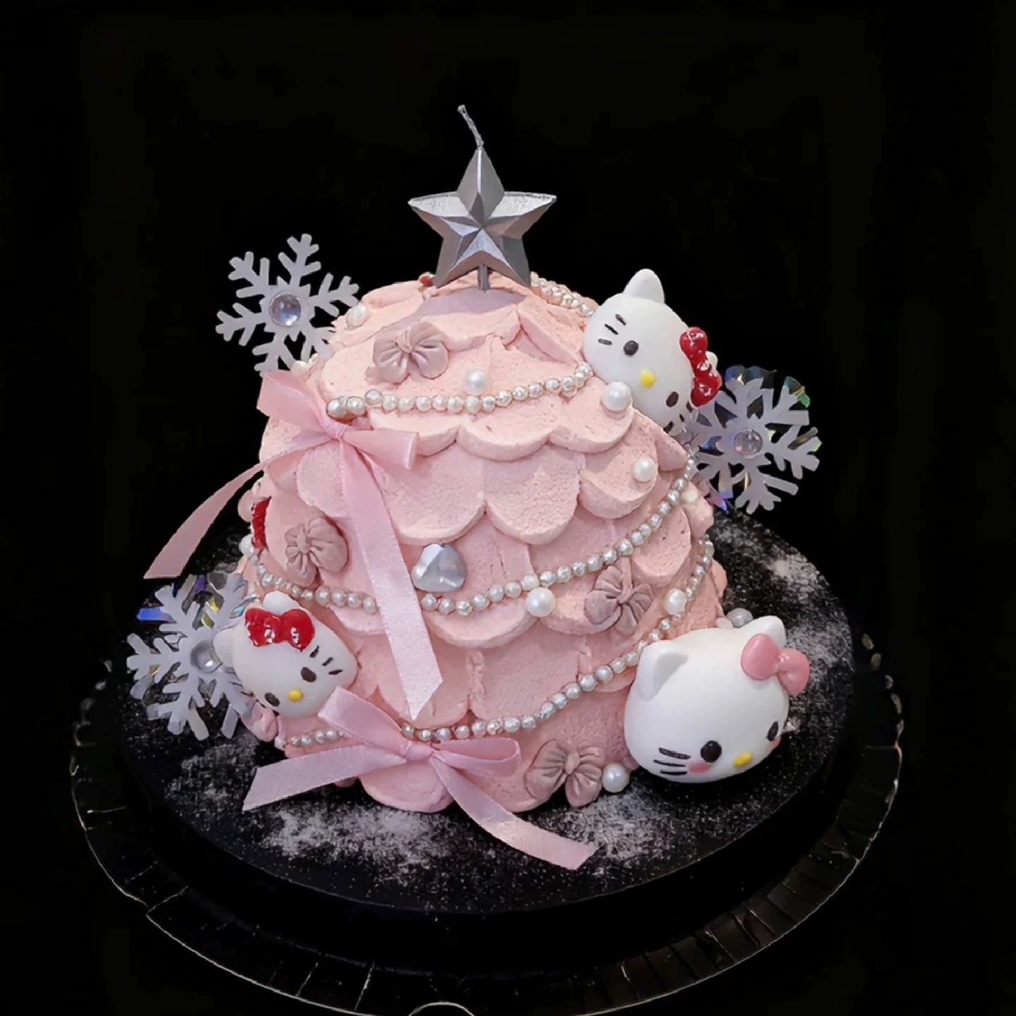 2025新款圣诞节KT猫蛋糕装饰雪花亚克力珍珠链节日甜品派对摆件