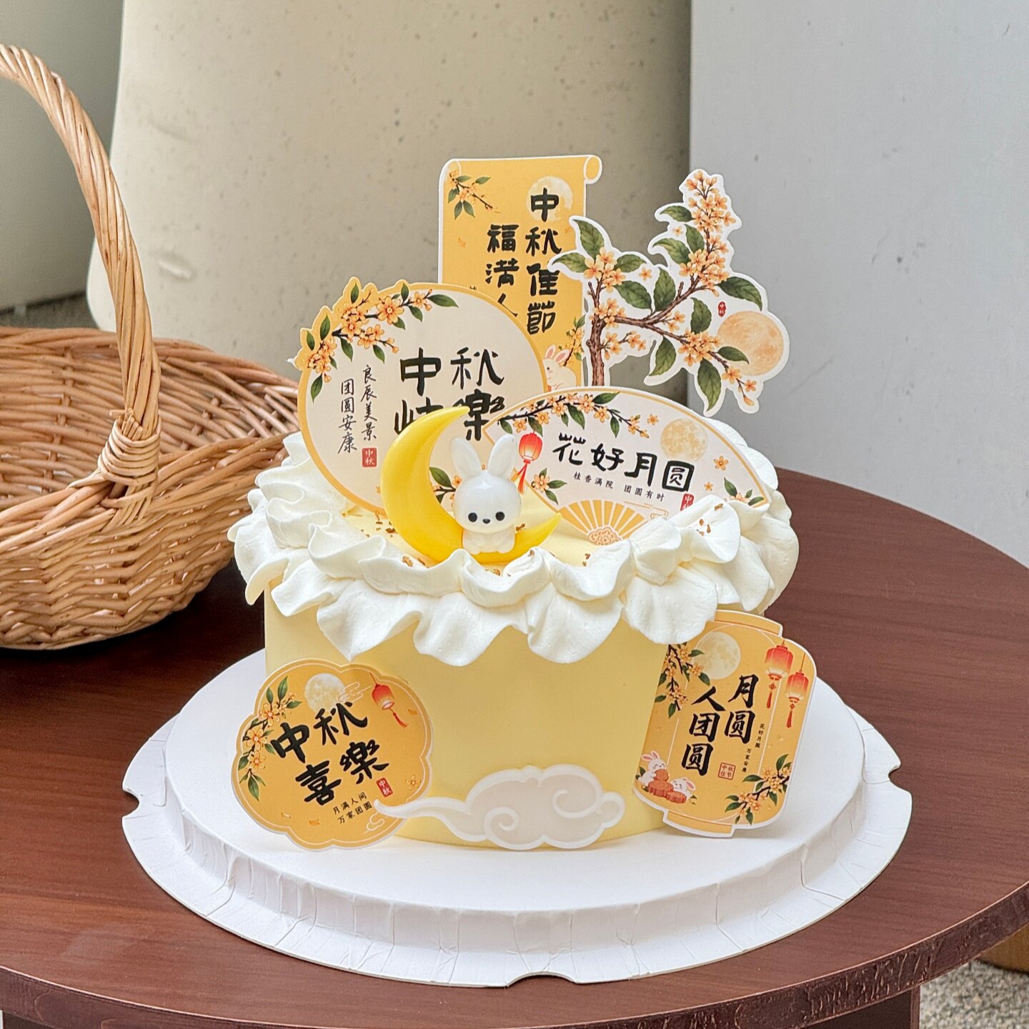 网红中秋节混款祝福语蛋糕装饰插牌软胶弯月玉兔甜品烘焙装扮摆件