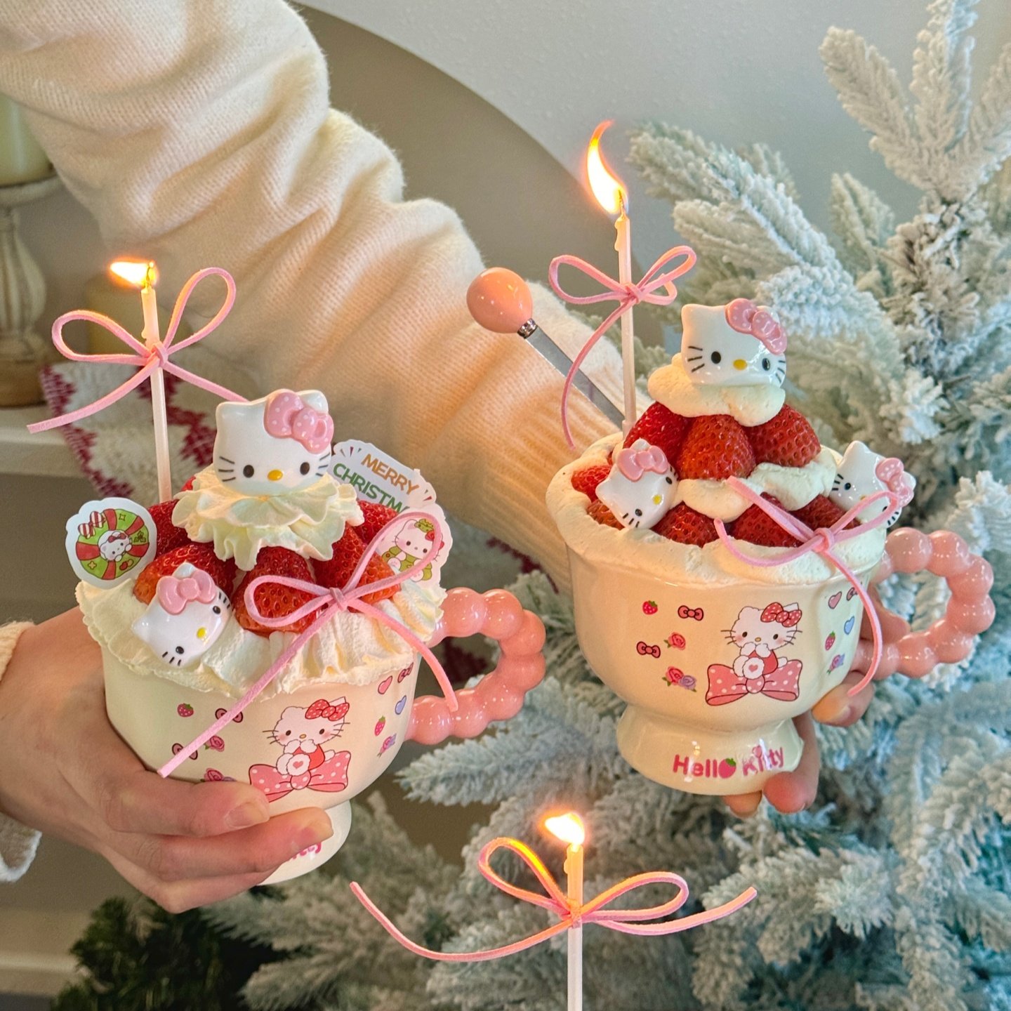 2026圣诞节网红款hellokitty甜品草莓杯蛋糕装饰kt猫陶瓷杯奶油杯