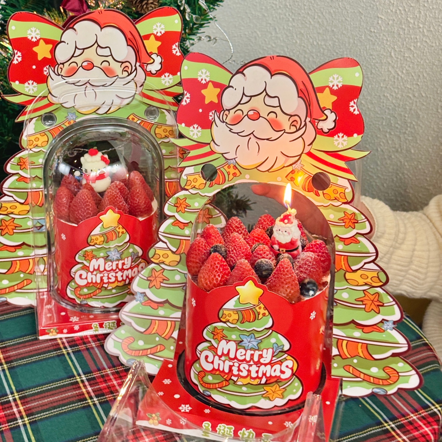 2025网红kt猫圣诞节蛋糕盒圣诞树围边蛋糕装饰圣诞甜品透明手提盒