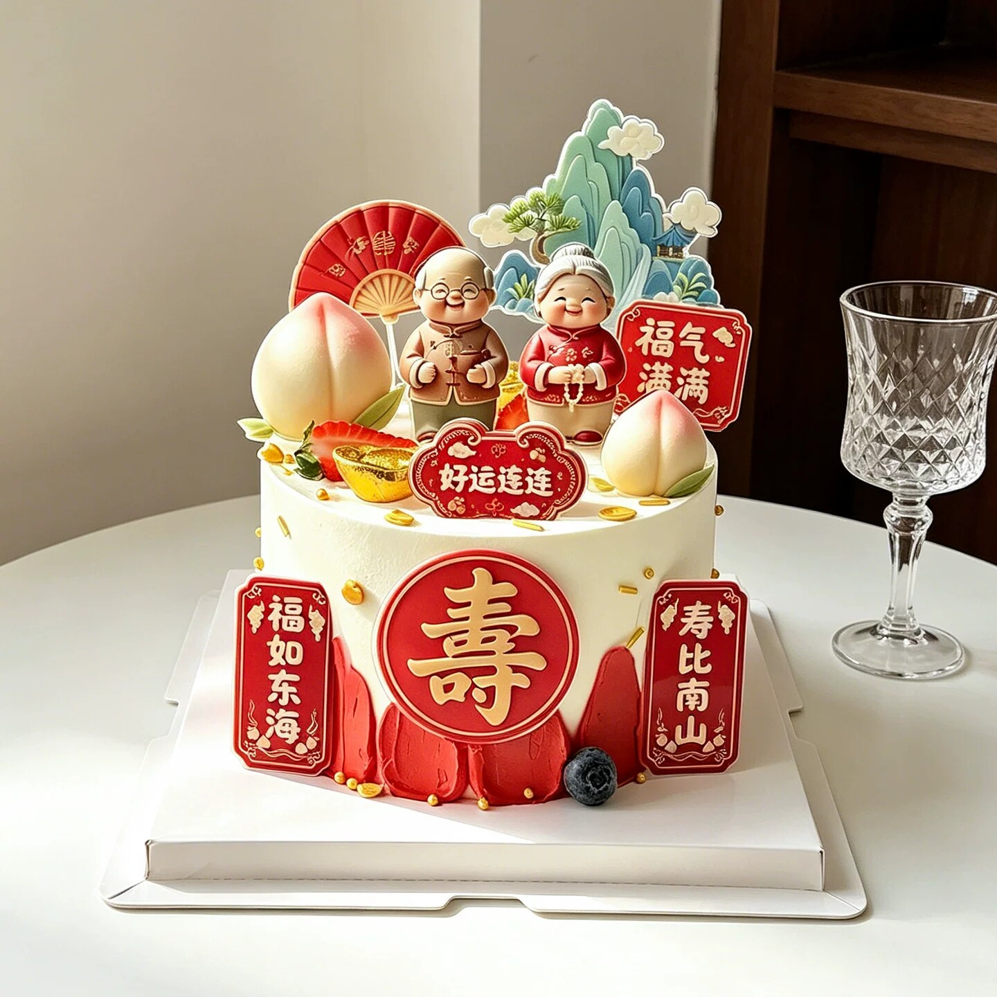 网红祝寿蛋糕装饰亚克力爷爷奶奶福如东海寿比南山折扇寿桃配件