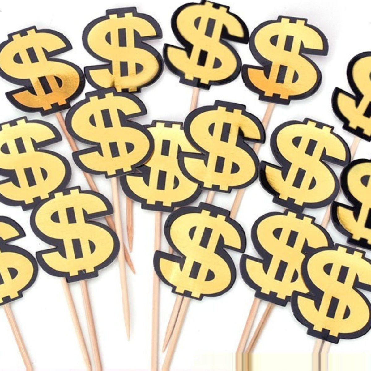 美元美金纸片符号$插牌金色暴富蛋糕装饰插件双层黑金钱标识插签