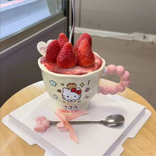 2025圣诞节网红粉色KT猫草莓蛋糕装饰杯可爱hellokitty甜品马克杯