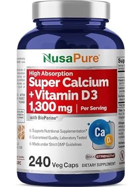 NusaPure Super Calcium 1300mg， Vitamin D3-240 Veggie Caps