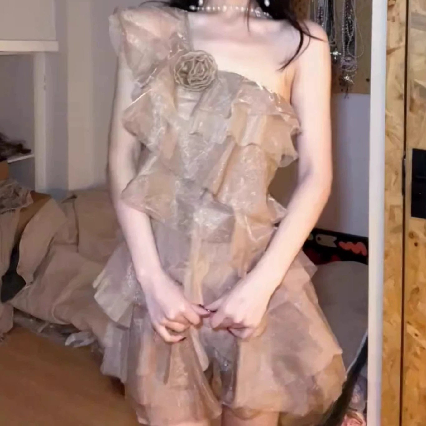 TAKE OFF 雾纱奶杏 法式度假斜肩连衣裙蛋糕裙女夏季礼服生日裙子