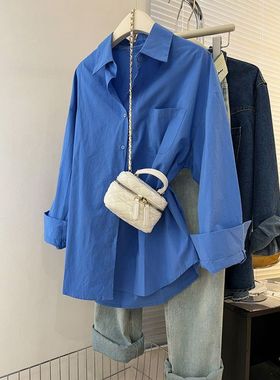 Take蓝色衬衫女春秋2025新款设计感小众休闲宽松叠穿长袖衬衣外套