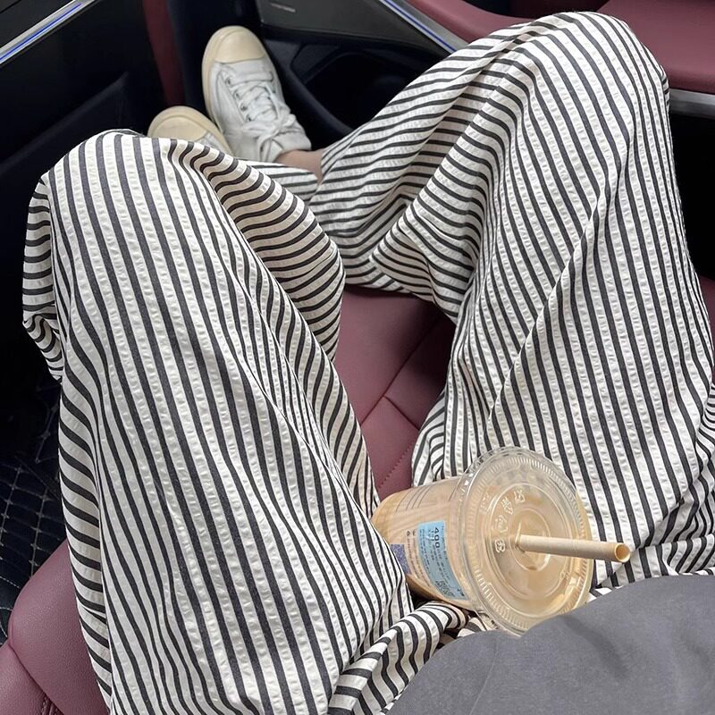 黑白条纹直筒休闲裤女夏季薄款大码胖mm宽松显瘦梨形身材阔腿裤子