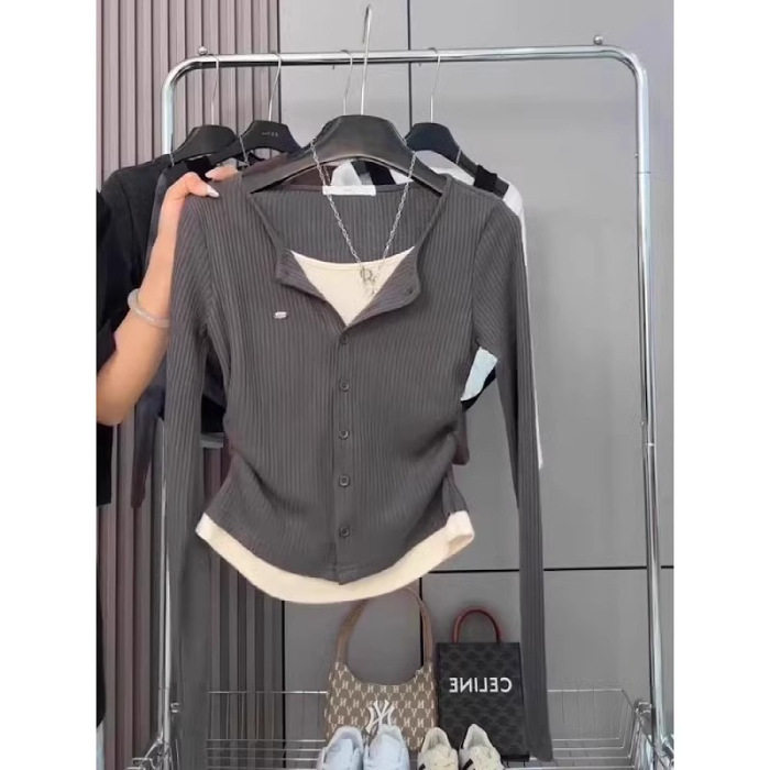 大码休闲复古长袖针织t恤女秋季假两件正肩体恤胖MM遮肉显瘦上衣