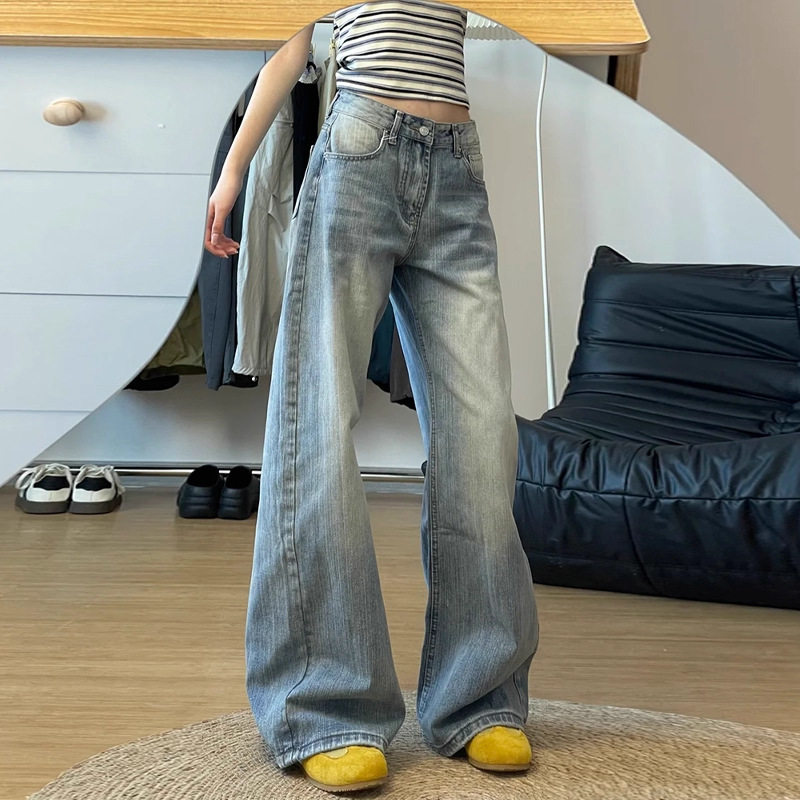 美式弯刀竹节纹阔腿牛仔裤女秋季2025新款浅色高腰显瘦直筒拖地裤