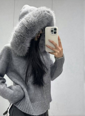 韩系大毛领连帽拉链慵懒千金风毛衣开衫外套秋冬高级感针织衫上衣