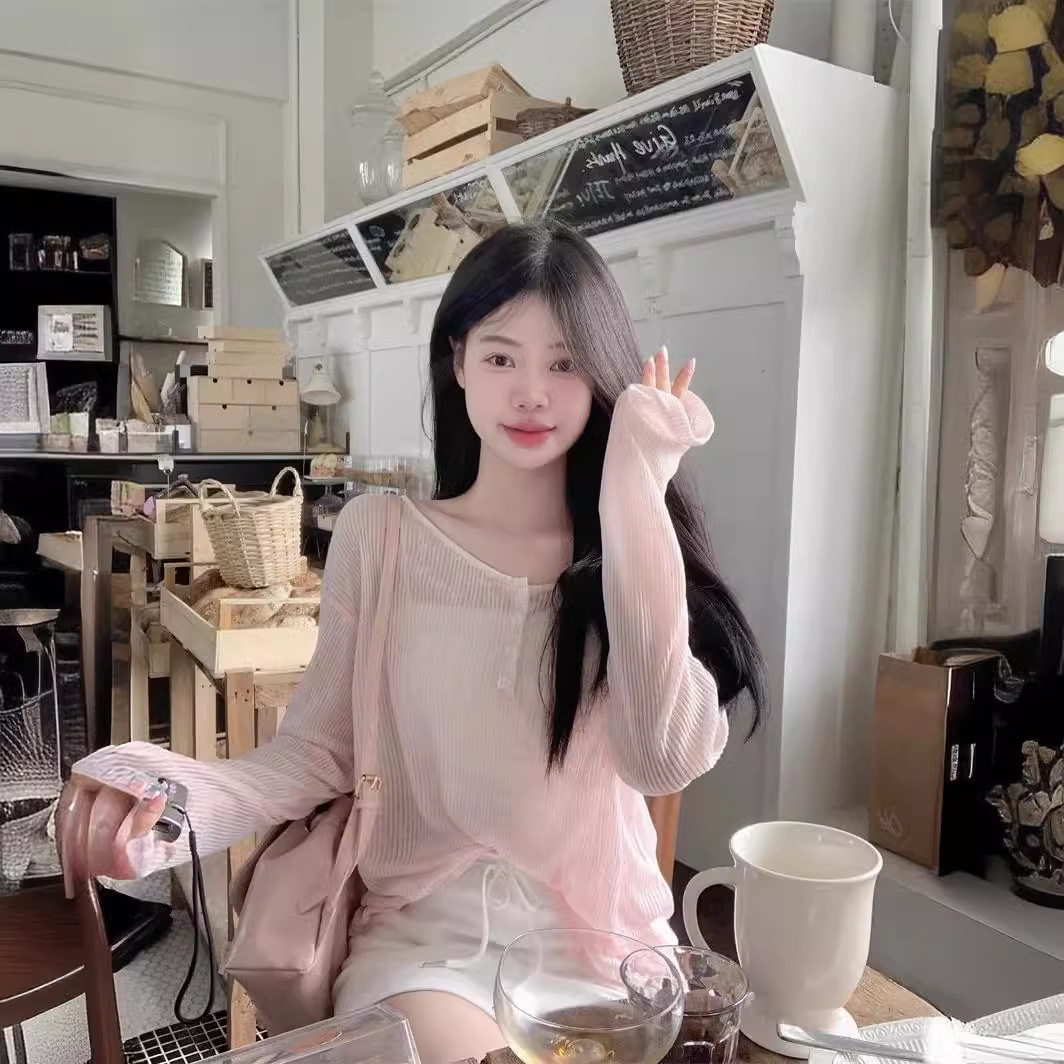 设计感后背镂空系带粉色T恤长袖防晒罩衫女夏季小众显瘦薄款上衣