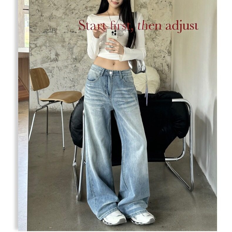 TAKE浅蓝色牛仔裤女秋季2025新款水洗设计感拖地阔腿宽松直筒裤字