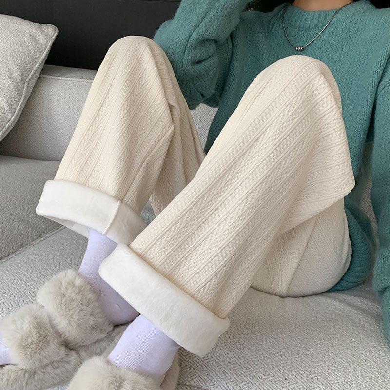 白色加绒阔腿裤女裤秋冬季加厚保暖棉裤外穿垂感休闲直筒裤子冬天