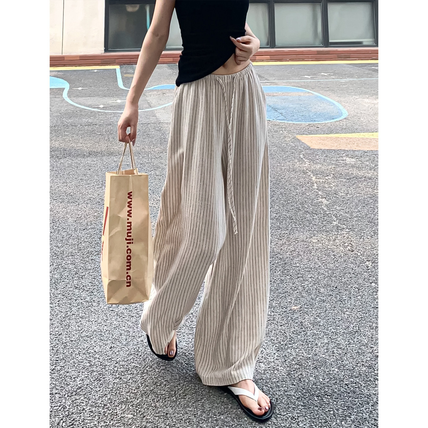 日系棉麻条纹阔腿裤女夏季薄款亚麻裤子高腰垂感宽松慵懒休闲长裤