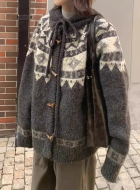 复古提花翻领双拉链红色毛衣外套女秋冬费尔岛新年圣诞针织开衫