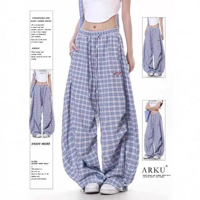ARKU美式复古蓝色弯刀格子裤女春夏宽松慵懒风垂坠感阔腿休闲裤子