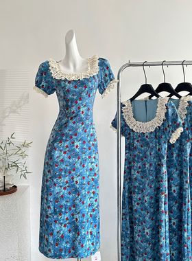 法式蓝色碎花方领高级感连衣裙子女装夏季2025新款小个子绝美长裙