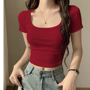 新款 off 超弹罗纹棉修身 显瘦短款 上衣 T恤女夏休闲U领短袖 Take