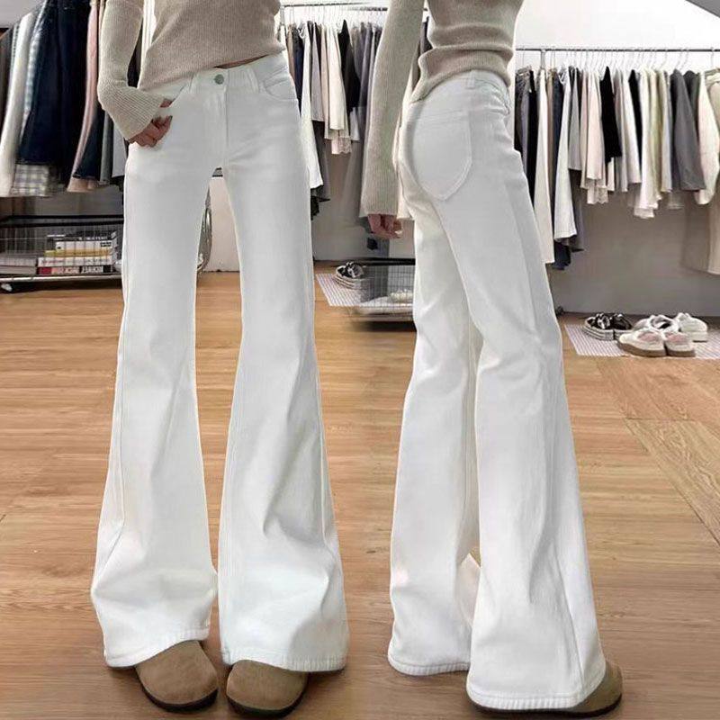 白色微喇加绒牛仔裤女2025新款大码胖mm显瘦宽松不贴腿直筒喇叭裤