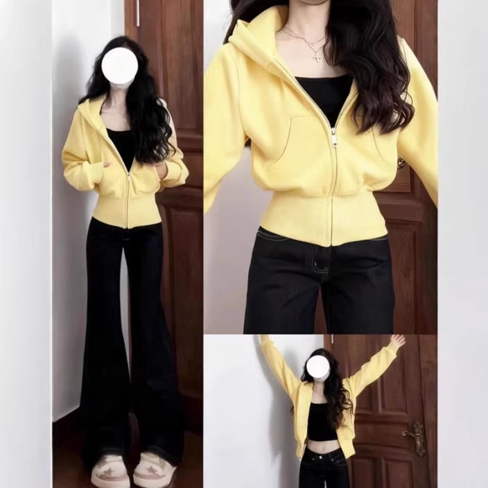 春季黄色短款卫衣外套女修身正肩收腰早春绝美巨好看上衣韩系穿搭