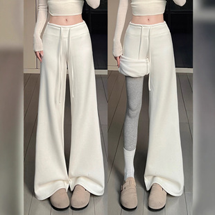 白色裤子女冬季加绒加厚糯米裤垂感窄版直筒仿羊毛阔腿裤运动卫裤
