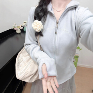 修身摇粒绒内胆卫衣外套女冬季冲锋衣抓绒内搭加绒加厚保暖短上衣