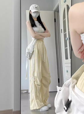 黄色蝴蝶结工装裤女夏季新款高级感宽松垂感直筒速干冰丝运动裤子