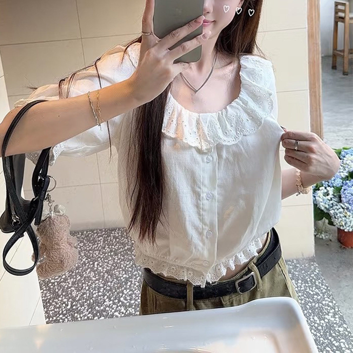 Take off 月亮白色莱赛尔提花小衫女夏法式气质修身花边亚麻衬衫