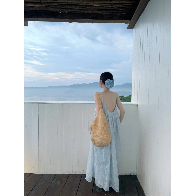 Take off蓝色海边度假风吊带连衣裙露背性感裙子显瘦气质仙女长裙