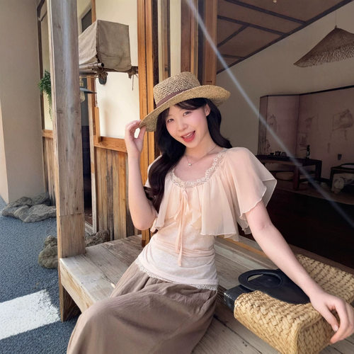 Take off 2026新款夏女小衫法式气质假两件蕾丝花边拼接短袖上衣