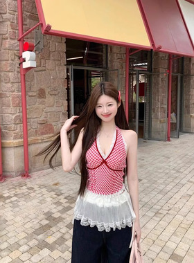 红色格子蕾丝花边挂脖v领吊带背心女夏季韩系设计感蝴蝶结短上衣