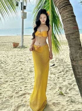 比基尼泳衣女2025新款泰国绝美黄色分体三件套性感长裙海岛度假风