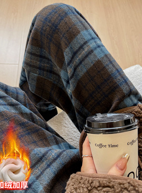 蓝色毛呢格子裤女秋冬2025新款宽松直筒垂感加绒复古休闲阔腿裤子