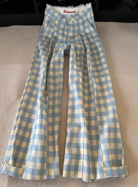 薄荷蓝色格子休闲裤女装春秋季条纹苎麻亚麻直筒裤宽松阔腿长裤子