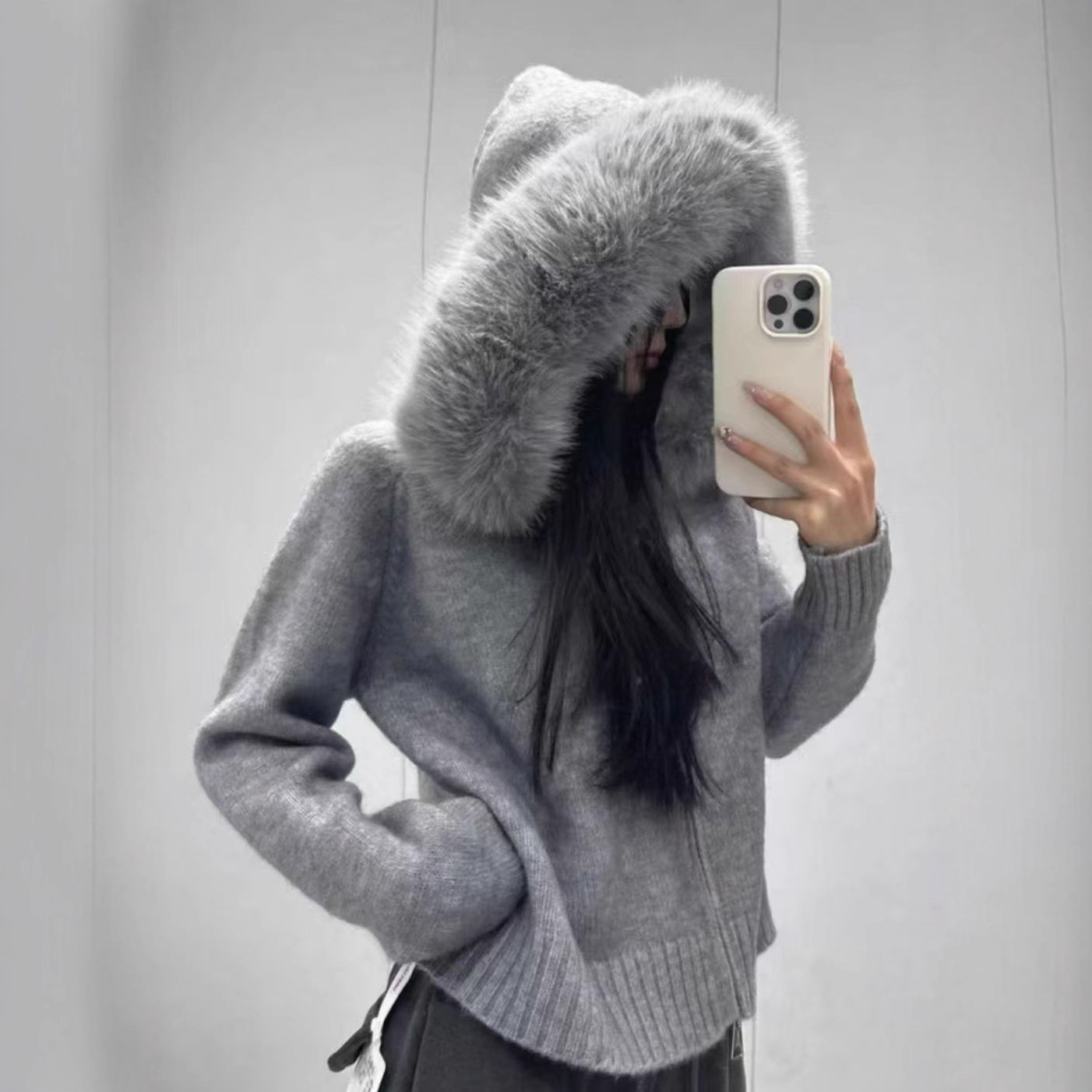 韩国chic秋冬复古气质宽松休闲百搭长袖大毛领连帽针织毛衣外套女