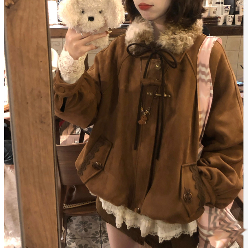 蝴蝶结毛领鹿皮绒棉服女冬季